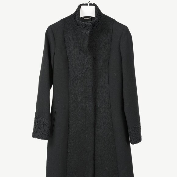 Versus Versace Black Fuzzy Wool Lace-Trim Coat - Picture 1 of 11
